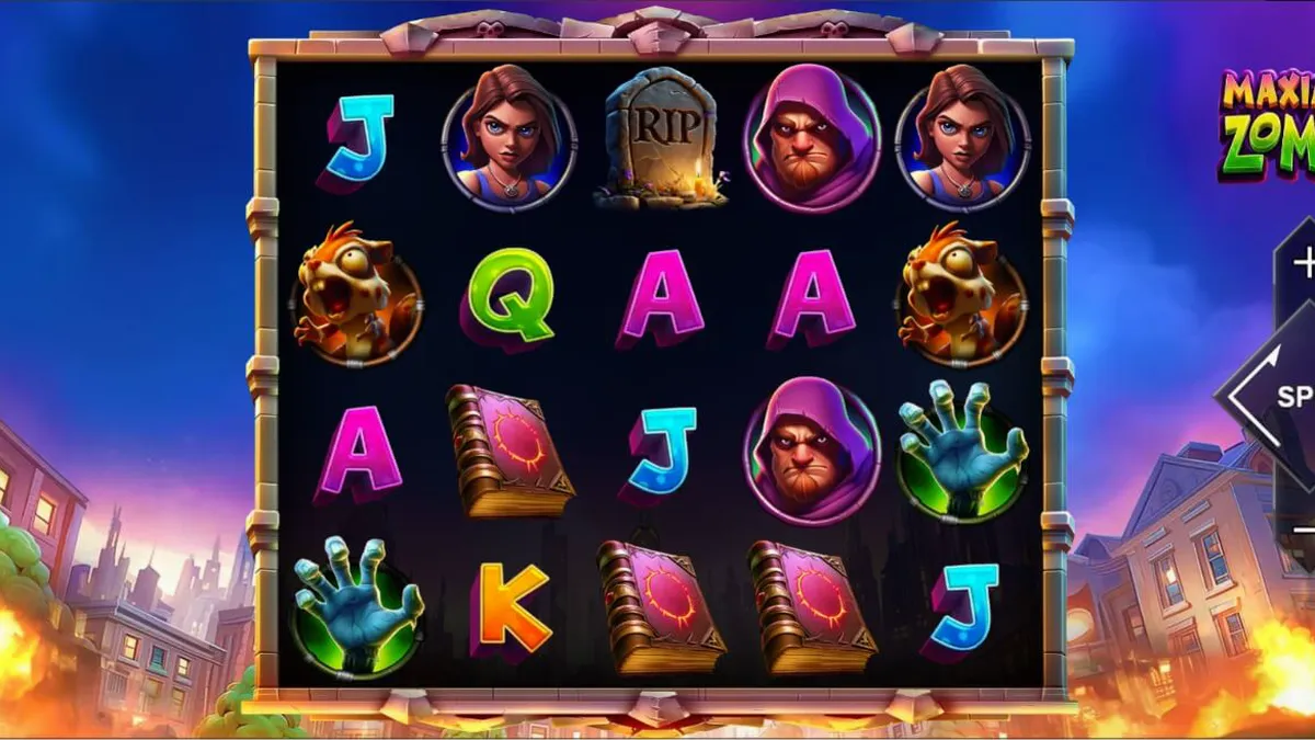 Tampilan visual permainan slot Maximum Zombie dengan tema kiamat